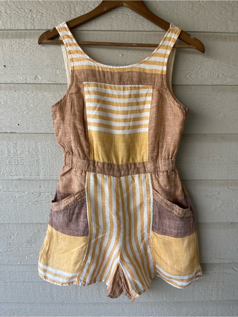 Anthropologie Ett:twa Wesley Striped Yellow and Brown One-Piece Linen Romper